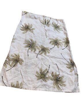 Pure Linen Palm Print Skirt Sequin Accents Drawstring Waist PM Resort Coastal